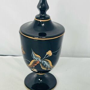 Vintage Fenton Hand Painted Black Glass Covered Footed Candy Dish JK Spindler